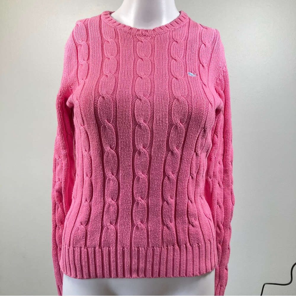 vineyard vines cotton crewneck cable knit sweater size small pink whale logo